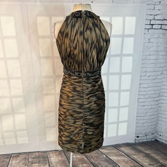 Carmen Marc Valvo Beaded Belted Ruched Silk Cocktail Green Evening Dress Size 4 - Picture 6 of 13